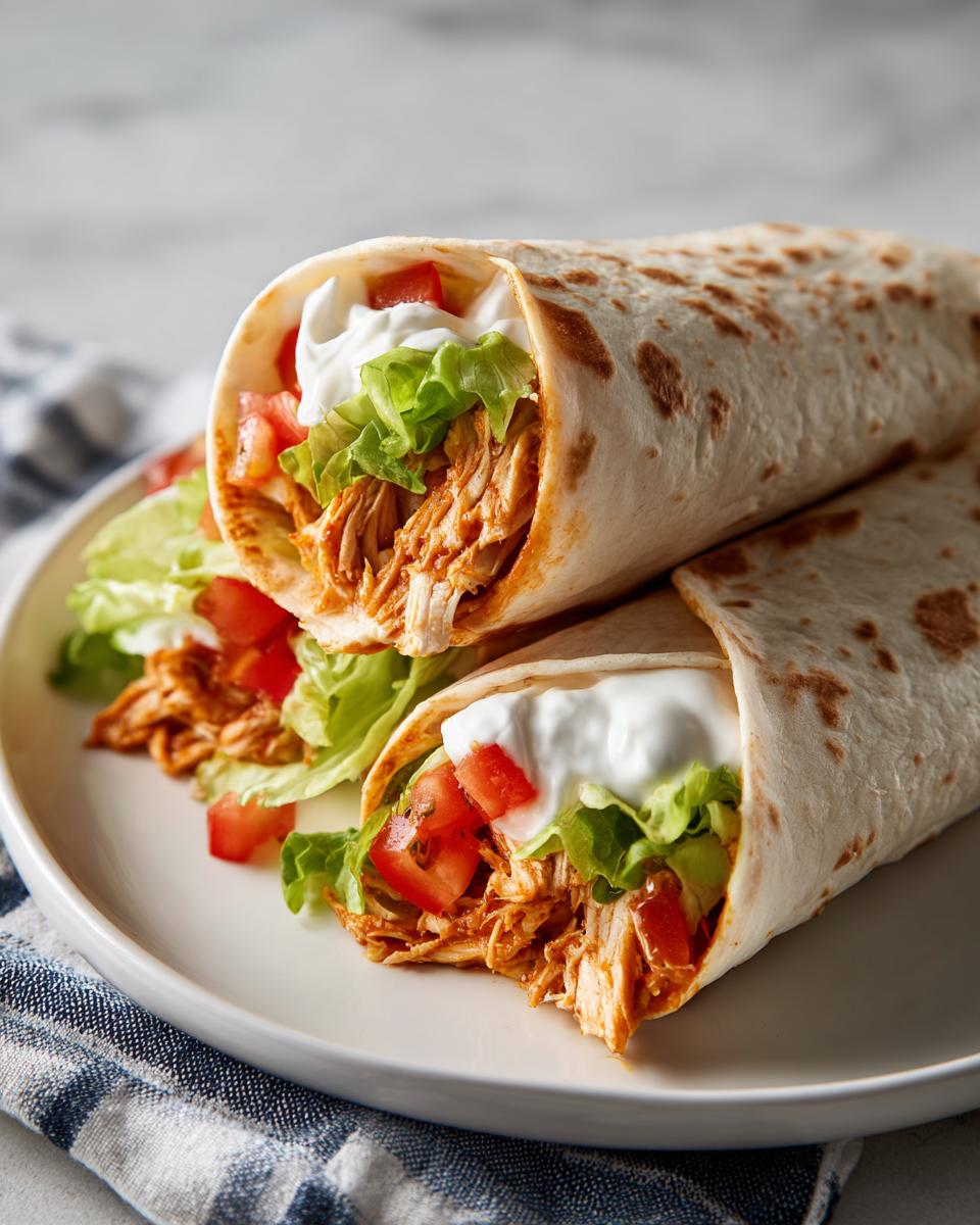 Two chicken wraps filled with shredded chicken, lettuce, tomato, and sour cream on a white plate.