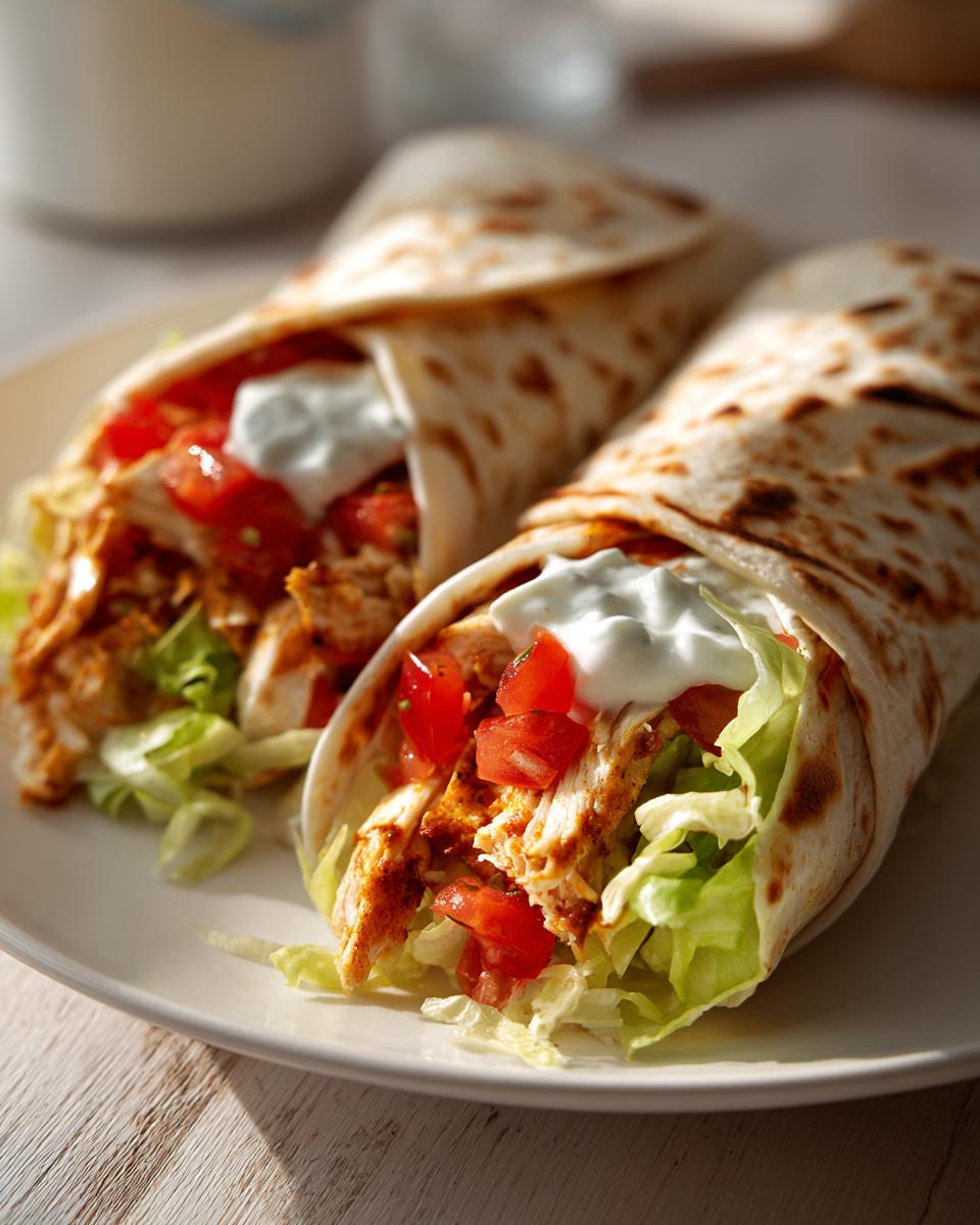 Two chicken wraps filled with lettuce, tomato, and sour cream on a plate.