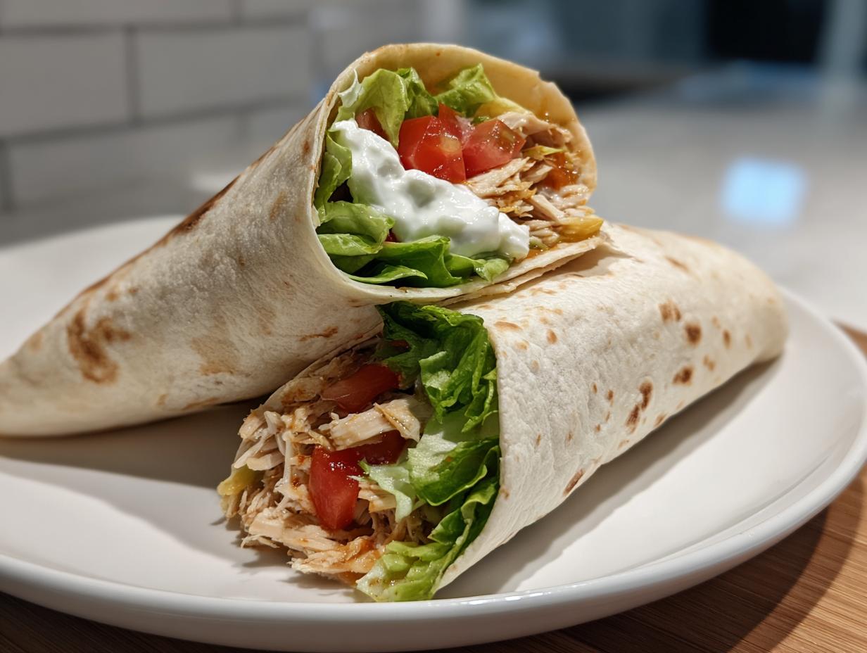 Two chicken wraps filled with lettuce, tomato, and sauce on a white plate.