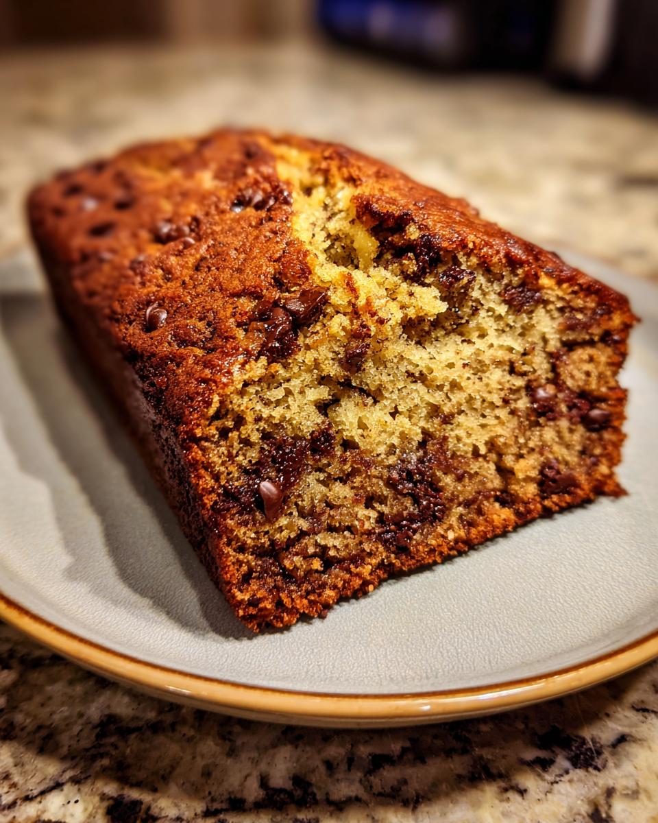 Close-up of a moist slice of chocolate banana bread with chocolate chips on a plate.
