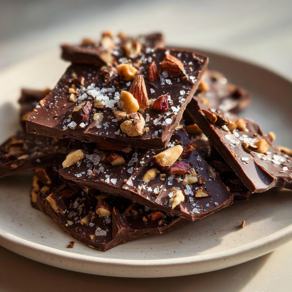 Close-up of chocolate bark pieces topped with nuts and sea salt on a plate.