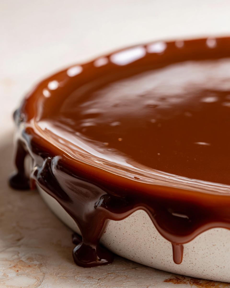Smooth chocolate caramel dessert overflowing from a ceramic dish edge.