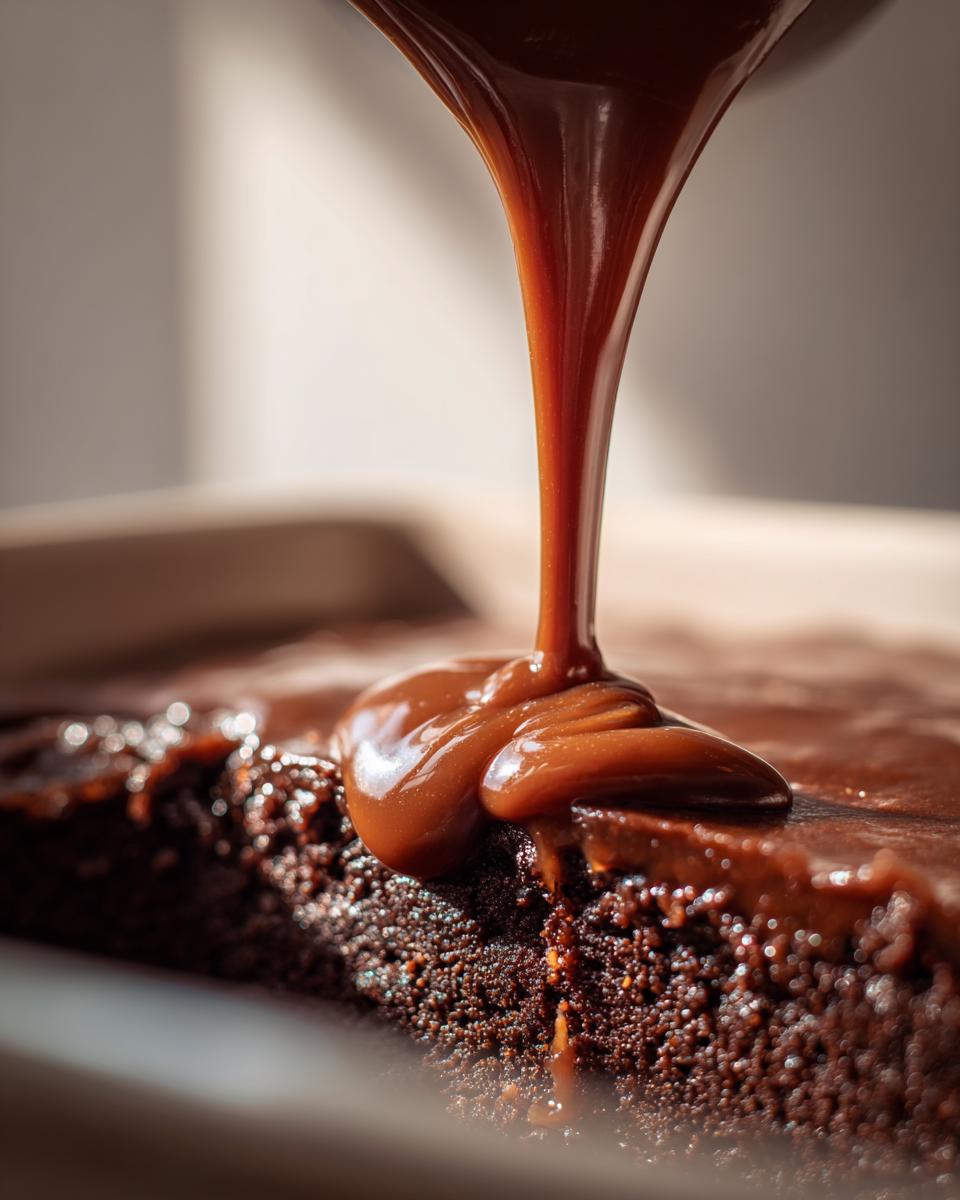 Close-up of caramel sauce being poured over a rich chocolate caramel dessert