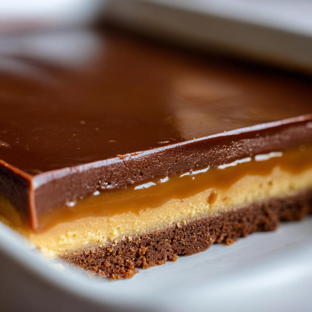 Close-up of a layered chocolate caramel dessert with smooth chocolate, caramel, and cake layers.