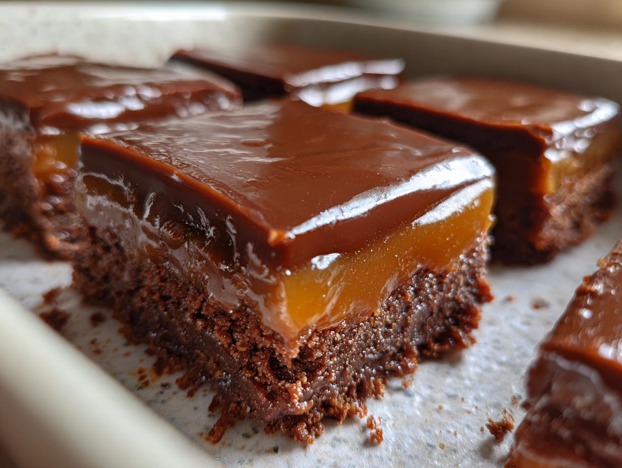 Close-up of chocolate caramel desserts with a glossy chocolate top and caramel layer on a crumbly base.