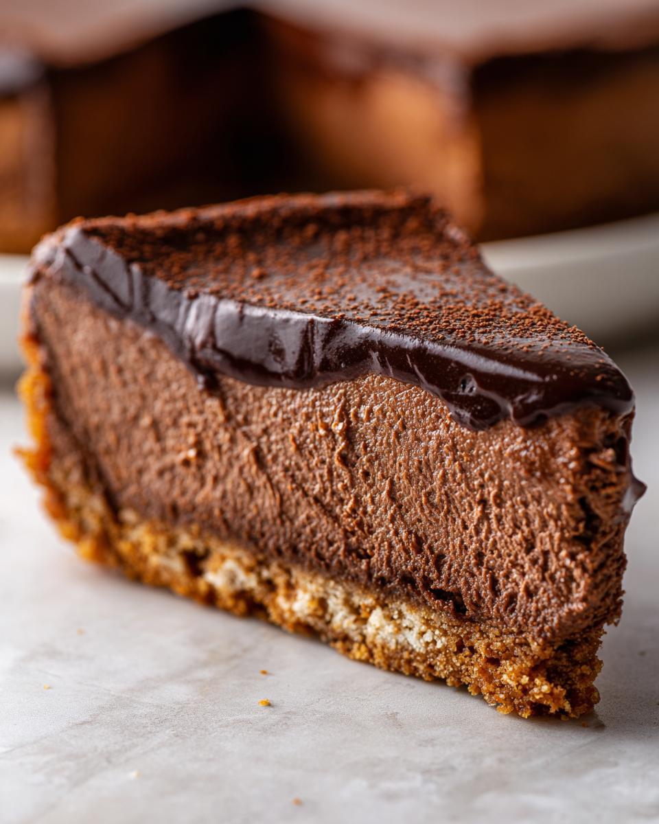 Close-up of a slice of chocolate cheesecake recipes with creamy texture and chocolate ganache topping.