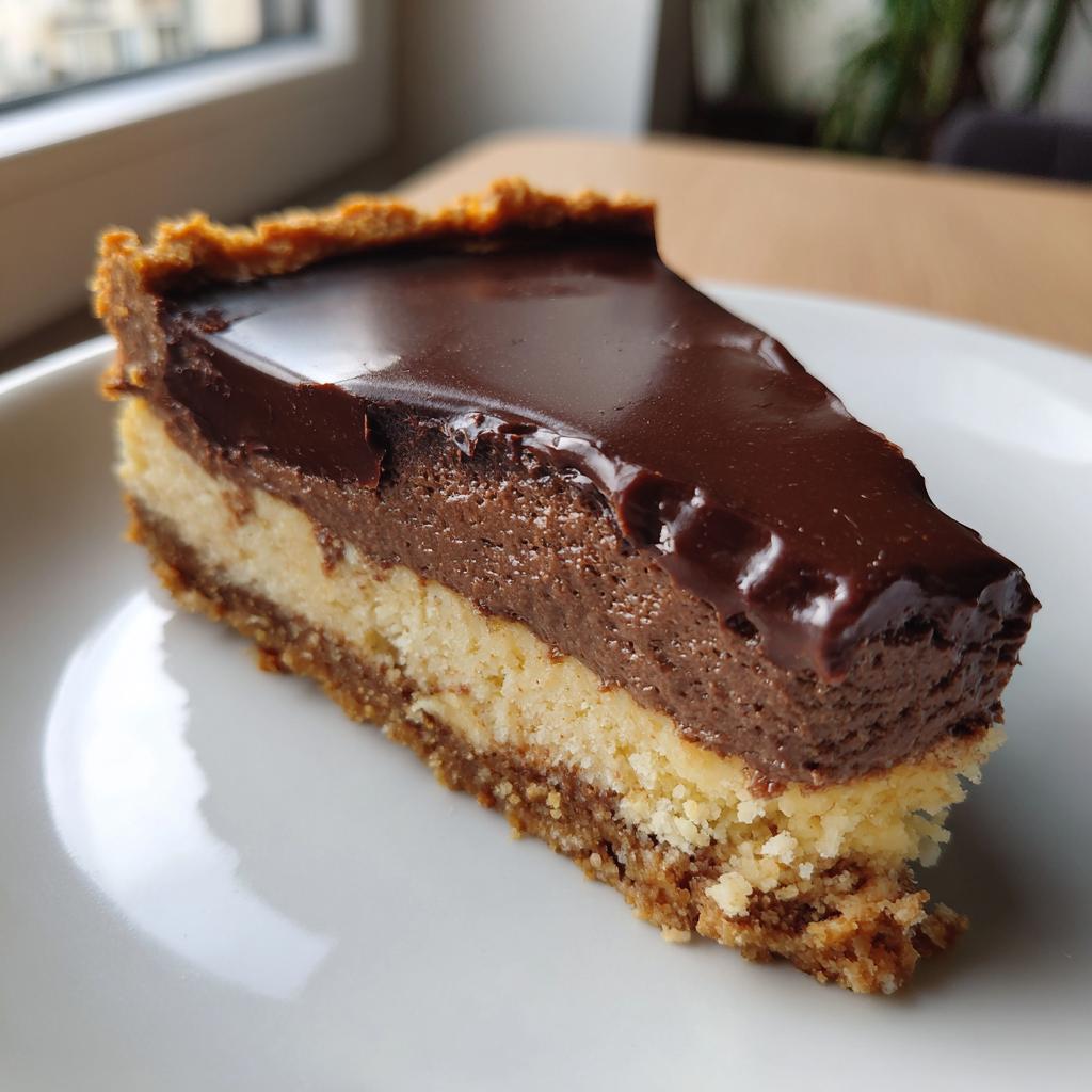 Close-up of a slice of chocolate cheesecake recipes with a smooth, glossy chocolate topping on a white plate.