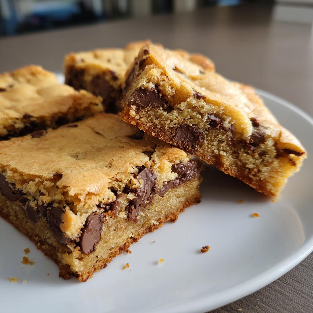 Close-up of chocolate chip cookie bars stacked on a white plate, showing gooey chocolate chips.
