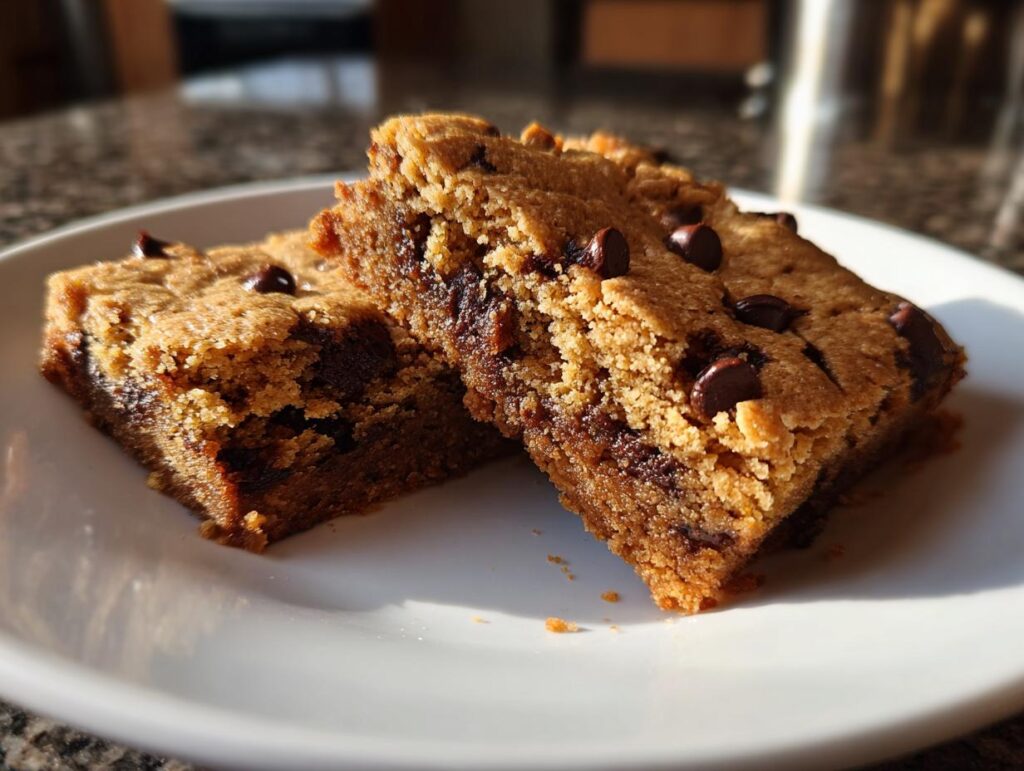 Two chocolate chip cookie bars stacked on a white plate with visible chocolate chips
