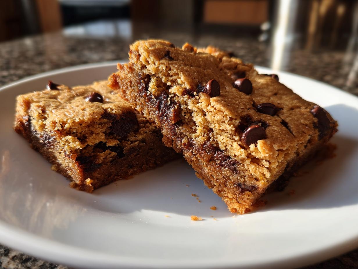 Two chocolate chip cookie bars stacked on a white plate with visible chocolate chips