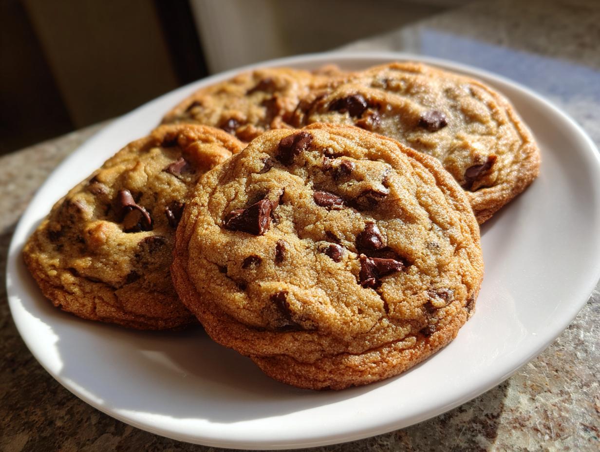 Close-up of freshly baked chocolate chip cookies on a white plate, perfect dessert recipes for a crowd