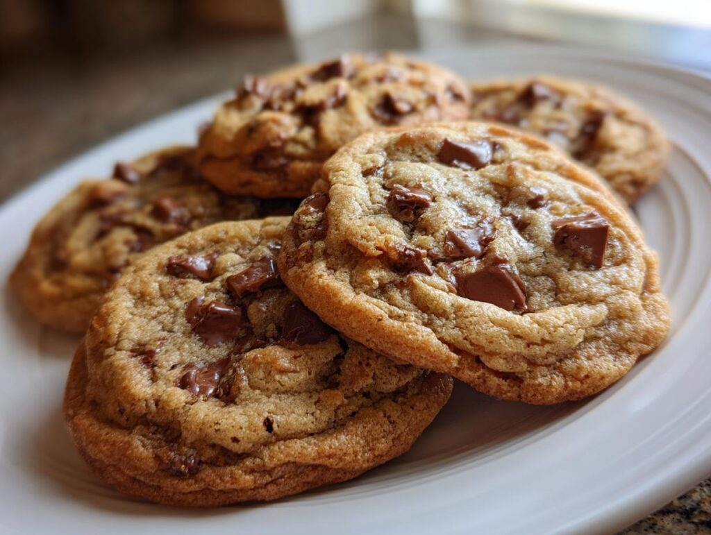Close-up of freshly baked chocolate chip cookies on a white plate for dessert recipes for a crowd.