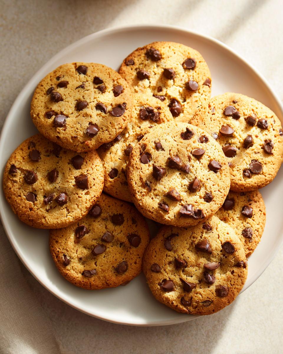 Plate filled with golden brown chocolate chip cookies, an easy party desserts option.