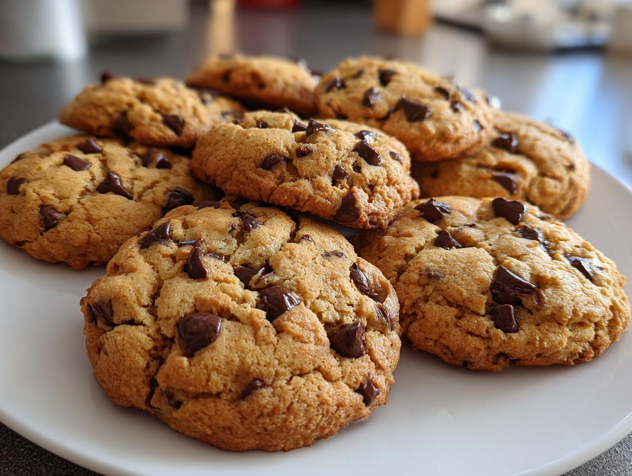 Close-up of freshly baked chocolate chip cookies on a white plate, perfect easy party desserts.