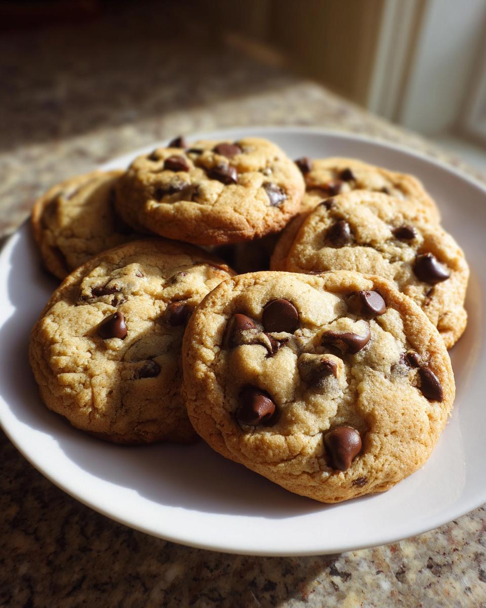 Plate with several freshly baked chocolate chip cookies stacked on a white plate.