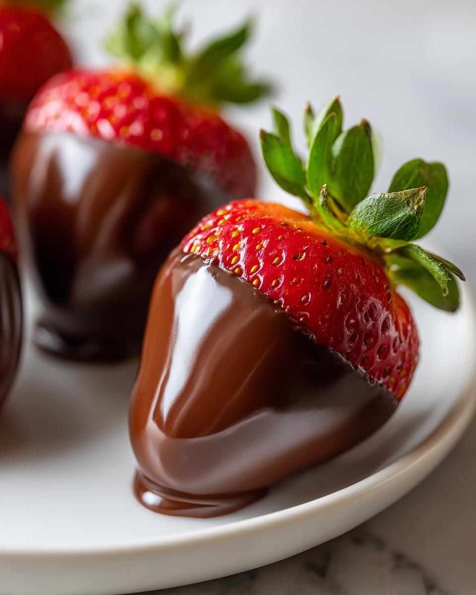 Fresh strawberries dipped in smooth chocolate on a white plate, showcasing chocolate covered strawberries.