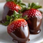 Three fresh strawberries dipped in smooth chocolate on a white plate, showcasing chocolate covered strawberries.