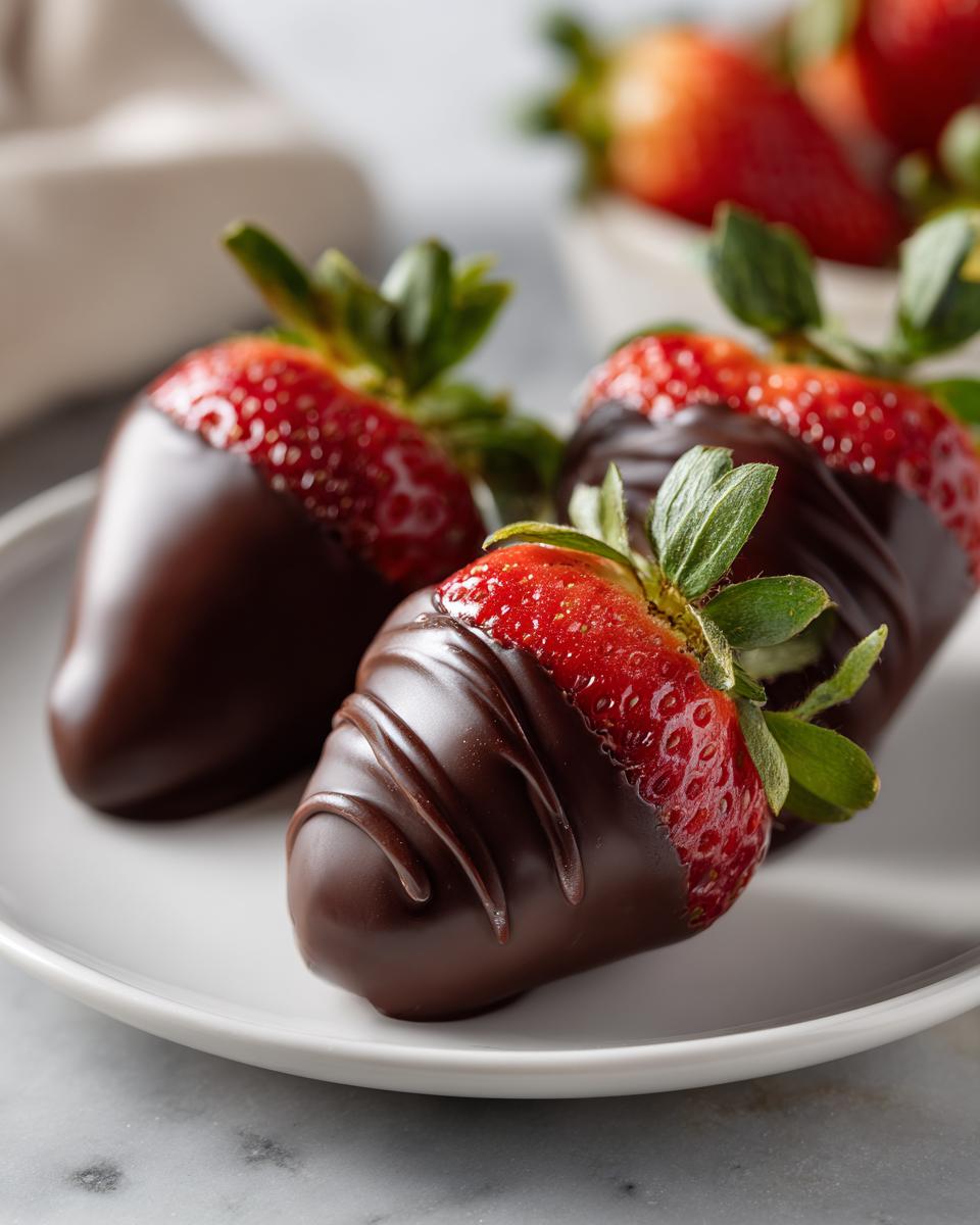 Three fresh strawberries dipped in smooth dark chocolate on a white plate.