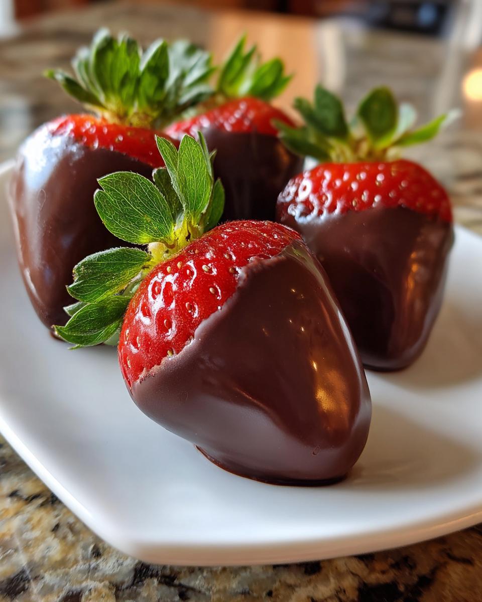 Fresh strawberries dipped in smooth chocolate on a white plate, showing vibrant red and green colors.