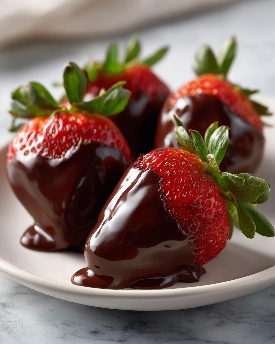 Fresh strawberries dipped in glossy chocolate on a white plate, showcasing chocolate covered strawberries