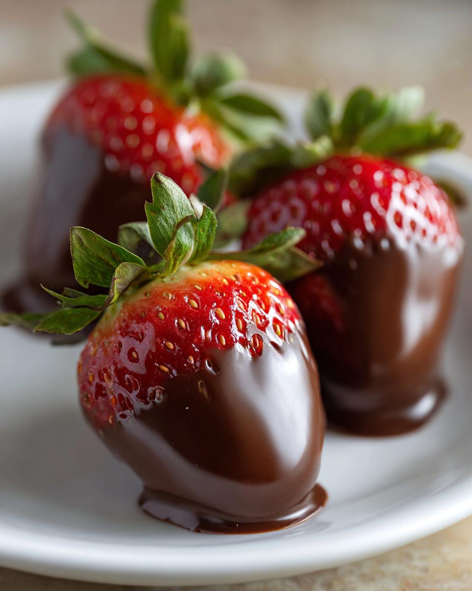 Three fresh strawberries dipped in smooth chocolate on a white plate, showcasing chocolate covered strawberries.