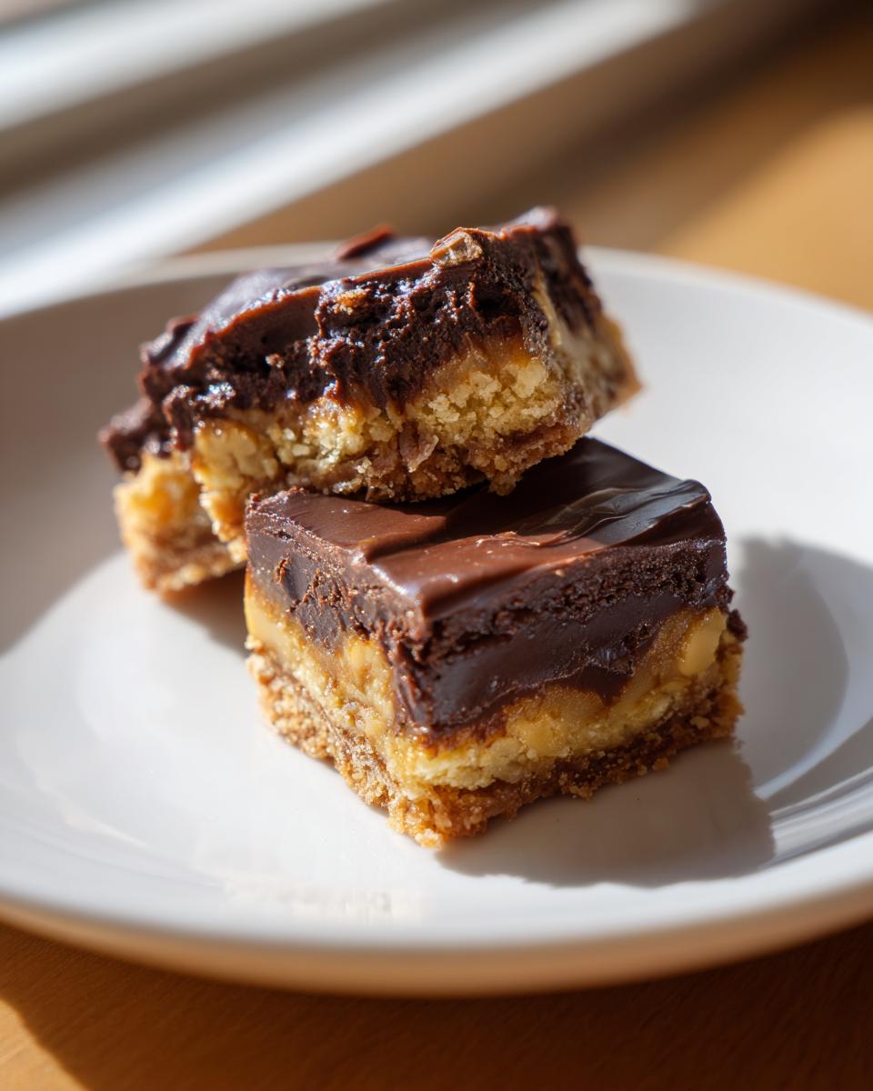 Two chocolate dessert bars stacked on a white plate with layered crust and chocolate topping.