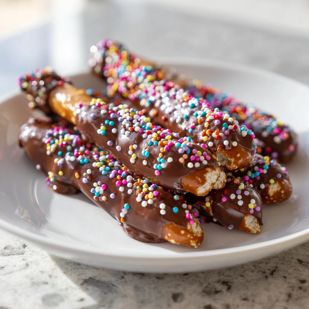Pretzels dipped in chocolate and covered with colorful sprinkles on a white plate Easter chocolate dipped treats