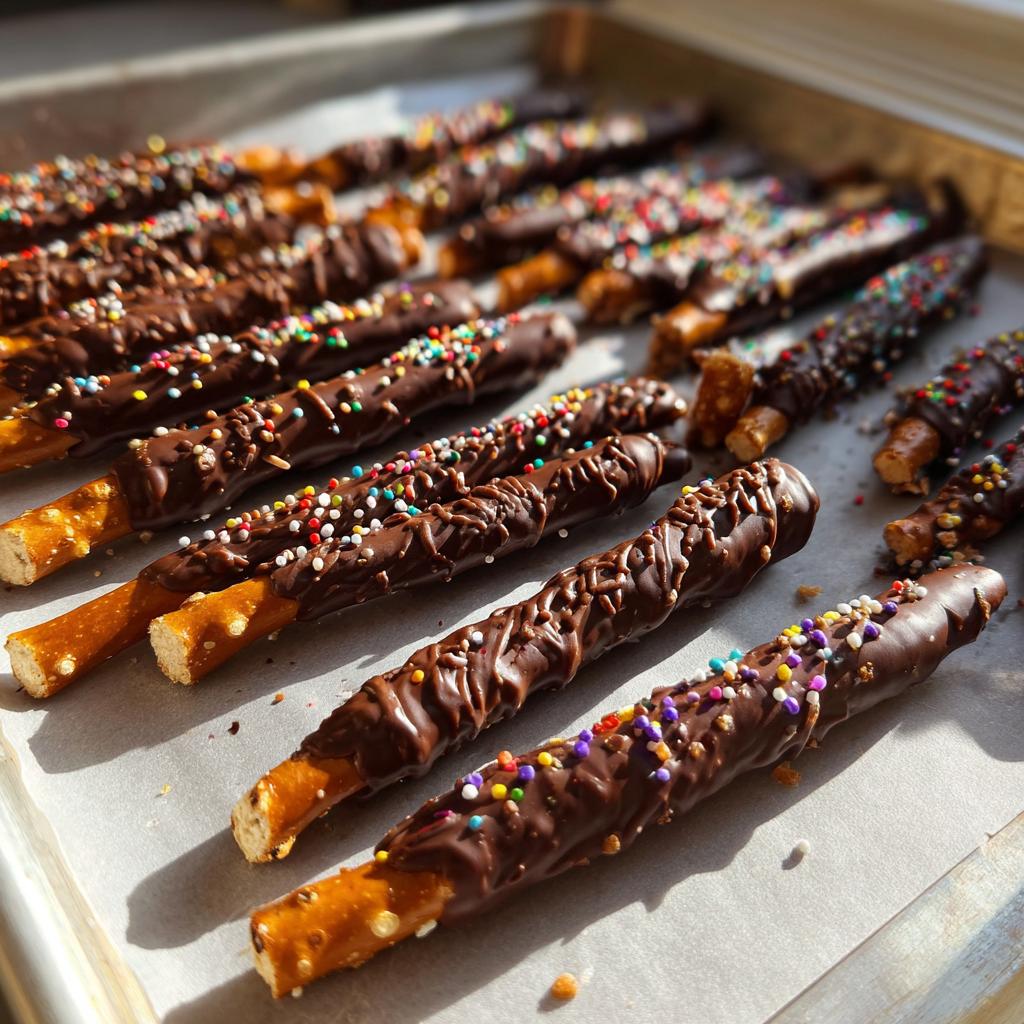 Rows of chocolate dipped pretzels decorated with colorful sprinkles on parchment paper.