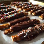 Rows of chocolate dipped pretzels decorated with colorful sprinkles and toppings on parchment paper.