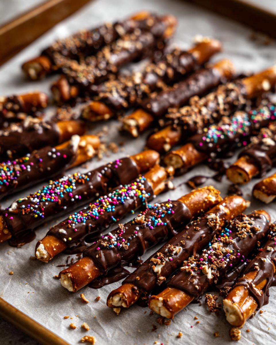 Tray of chocolate dipped pretzels decorated with colorful sprinkles and crushed nuts.
