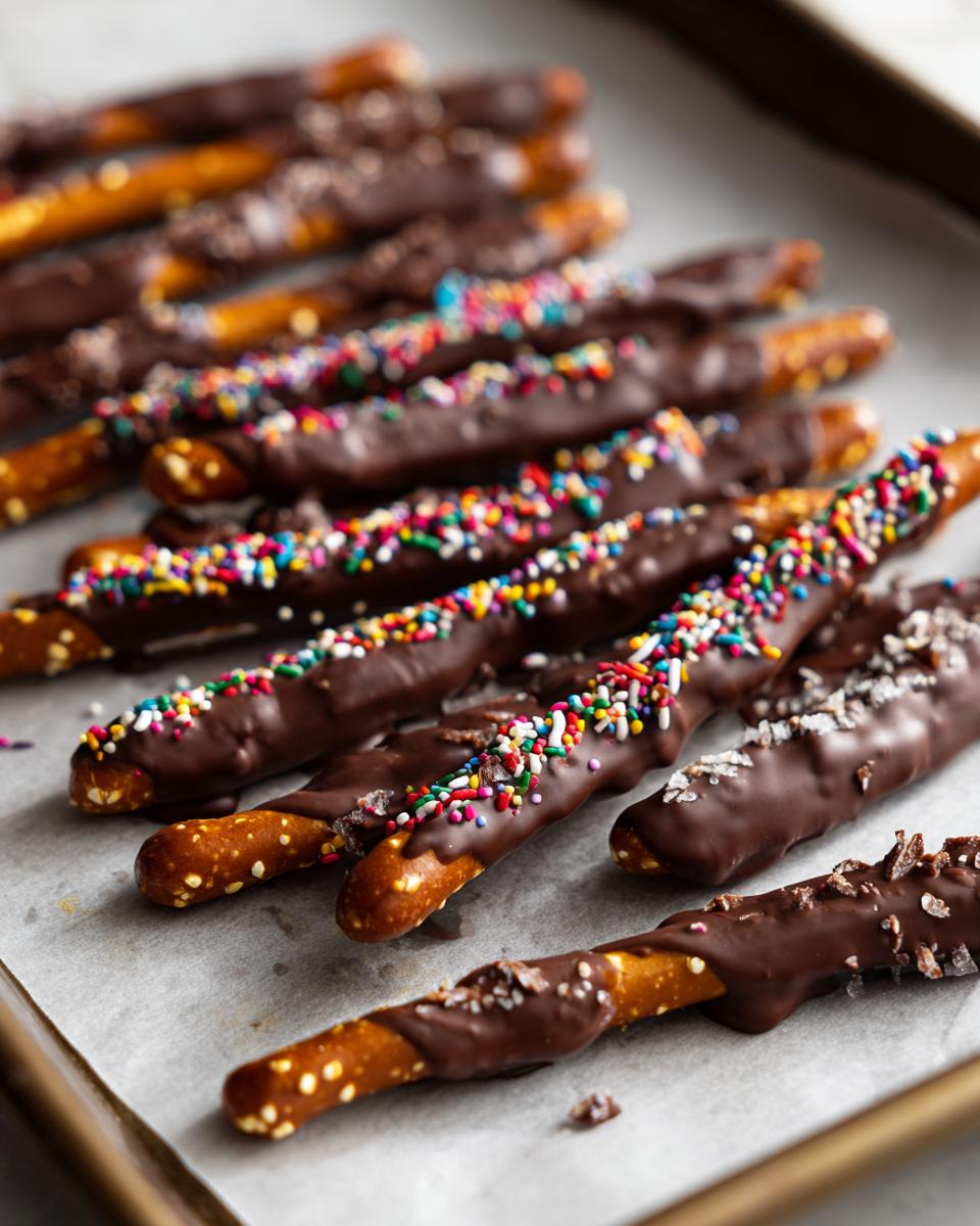 Close-up of chocolate dipped pretzels decorated with colorful sprinkles and sea salt on parchment paper.