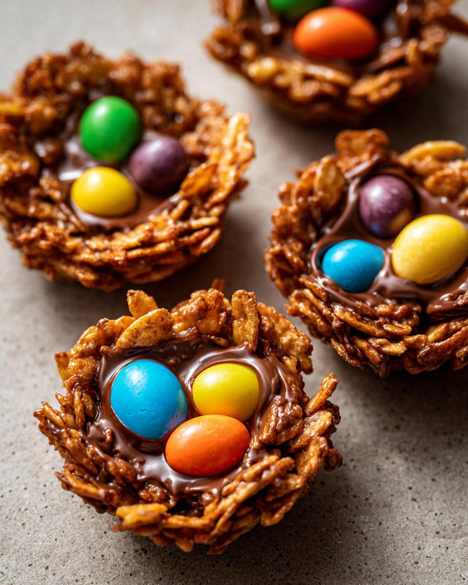 Close-up of chocolate Easter cereal nests filled with colorful candy eggs on a gray surface.