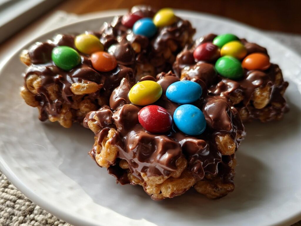Three chocolate-covered Easter cereal nests topped with colorful candy eggs on a white plate.