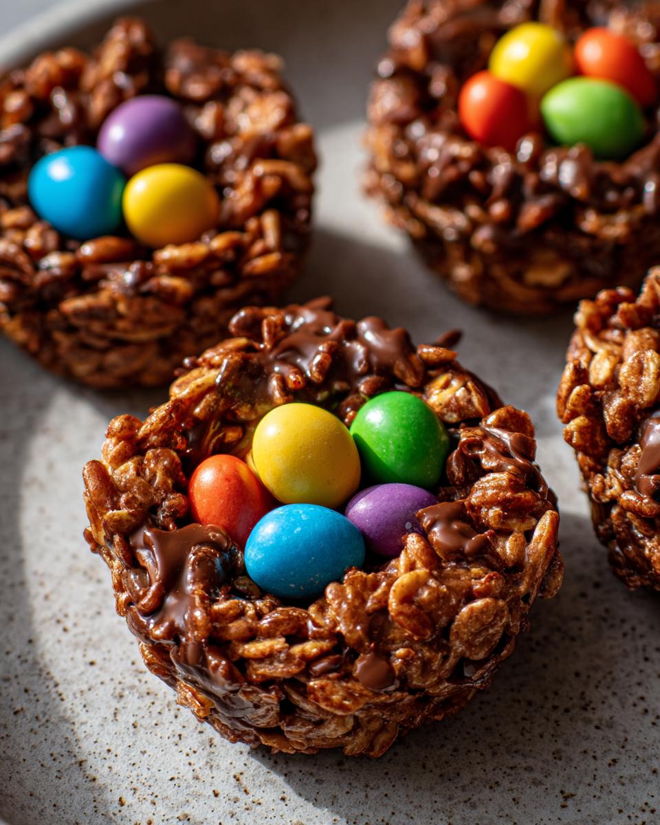 Close-up of chocolate Easter cereal nests filled with colorful candy eggs on a plate.