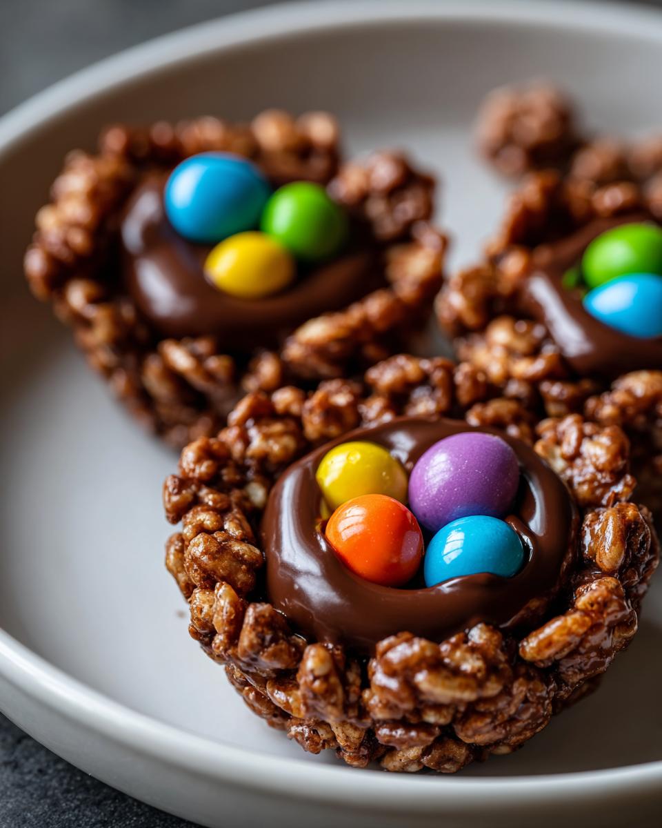 Close-up of chocolate Easter cereal nests topped with colorful candy eggs on a white plate.