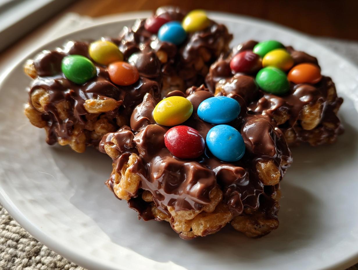 Three chocolate-covered Easter cereal nests topped with colorful candy eggs on a white plate.