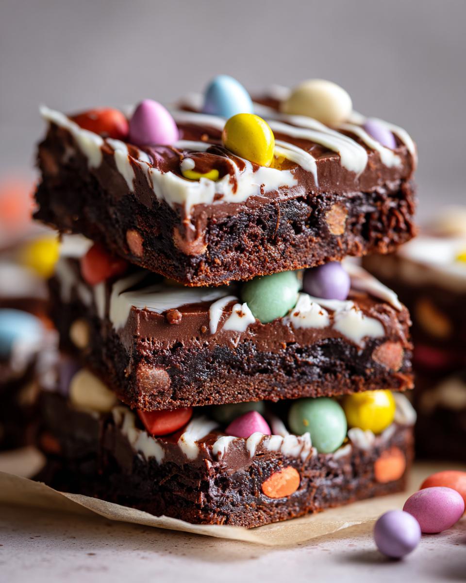 Close-up of stacked chocolate Easter desserts brownie bars with colorful candy eggs and white drizzle