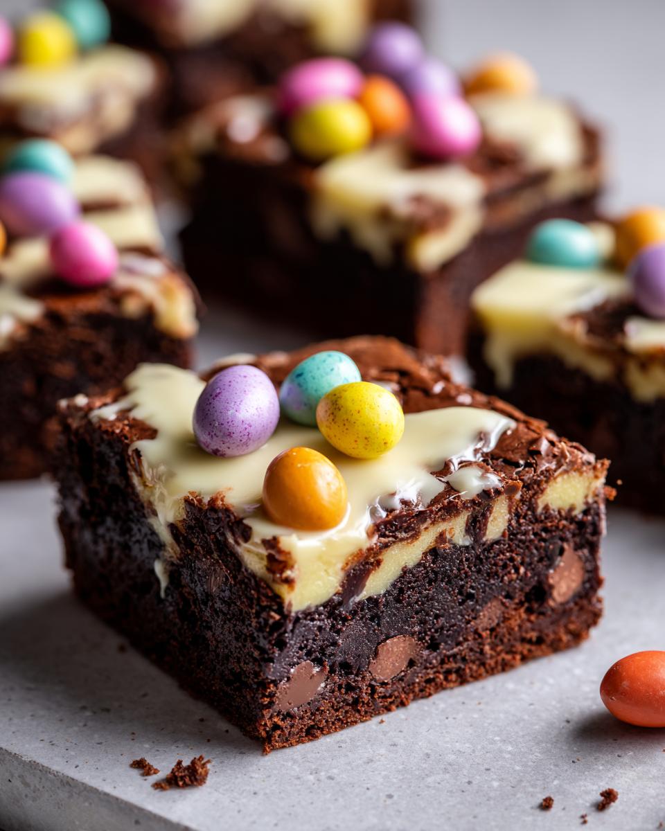 Close-up of a chocolate Easter desserts brownie topped with white chocolate and colorful candy eggs.