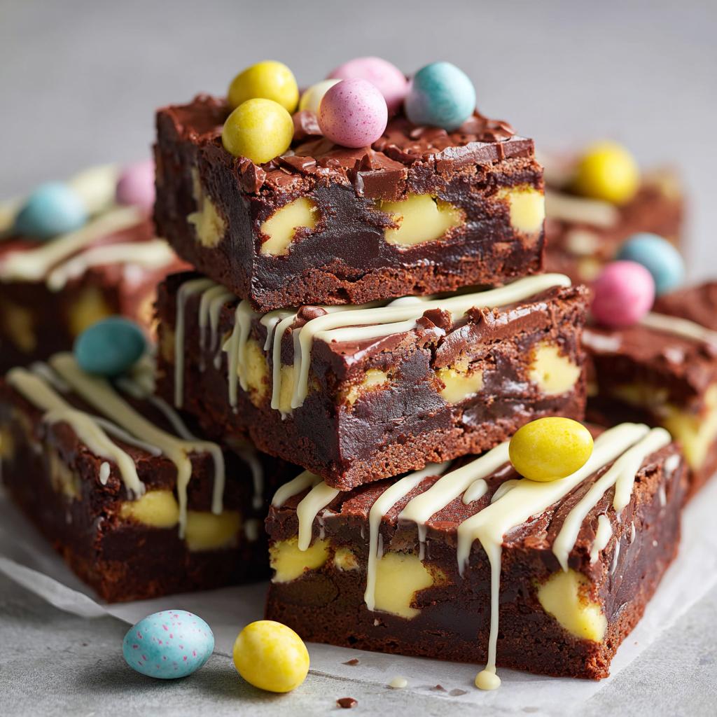 Stack of chocolate Easter desserts brownies with white drizzle and colorful candy eggs on top.