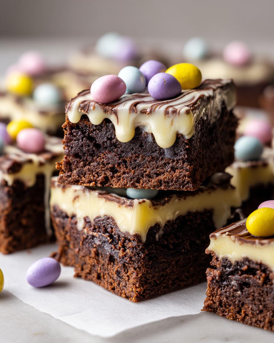 Close-up of chocolate Easter desserts brownies topped with white icing and colorful candy eggs.