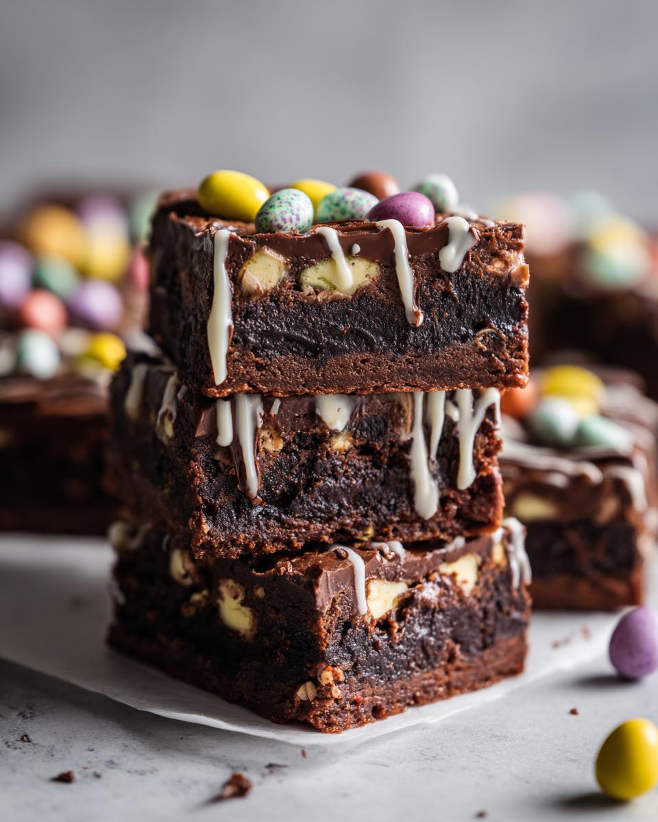 Close-up of stacked chocolate Easter desserts brownies topped with colorful candy eggs and white drizzle.