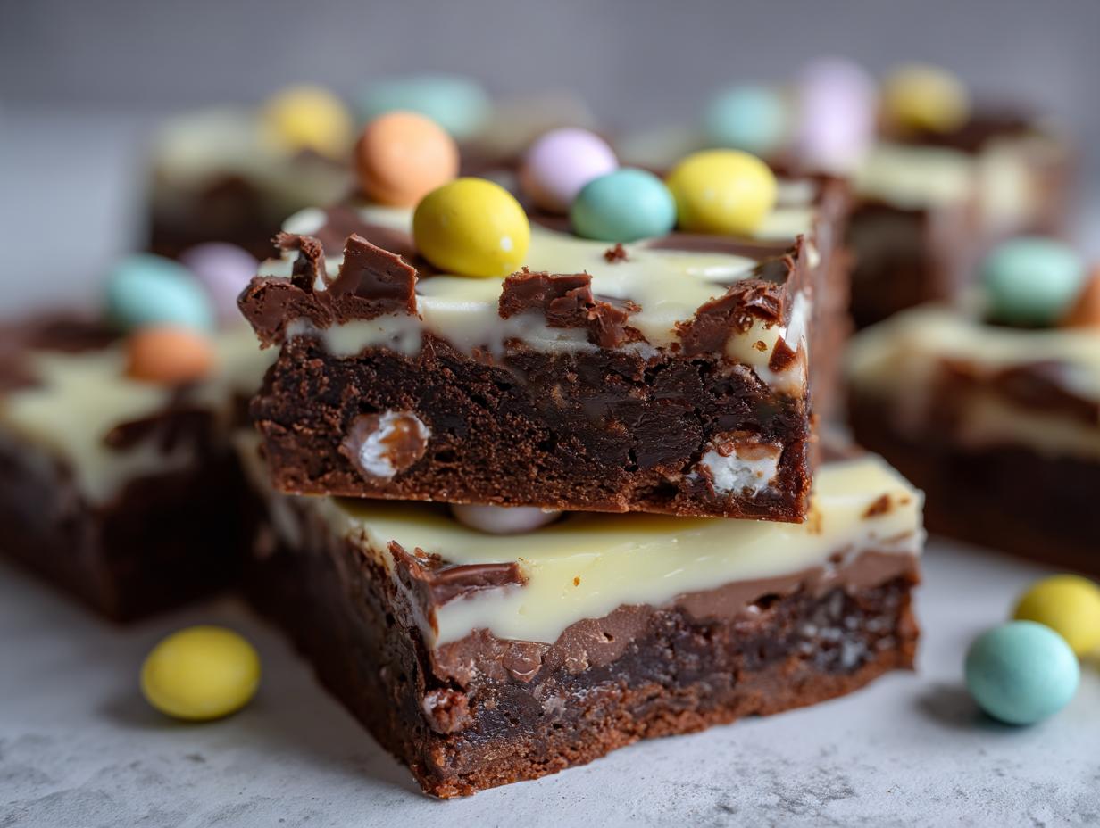 Close-up of layered chocolate Easter desserts topped with colorful candy-coated chocolates.