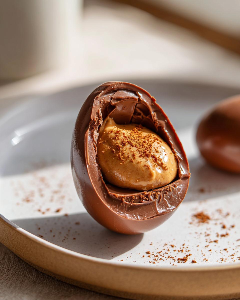 Close-up of a chocolate filled Easter egg with creamy filling and sprinkled cocoa powder.