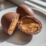 Two chocolate filled Easter eggs, one whole and one cut open showing creamy filling.