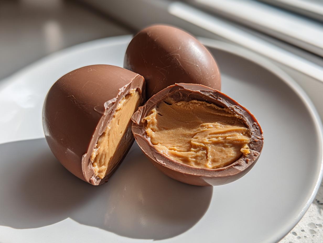 Two chocolate filled Easter eggs, one whole and one cut open showing creamy filling.