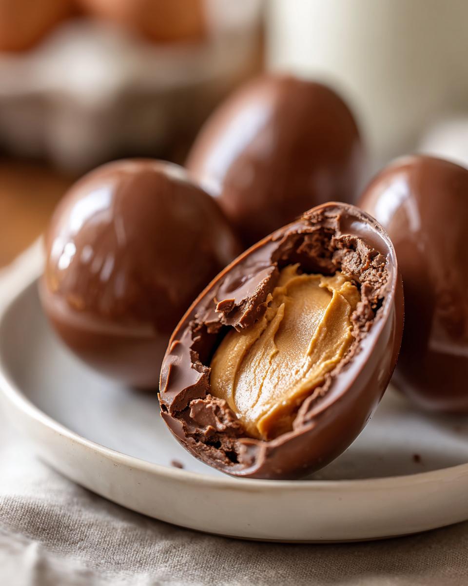 Close-up of chocolate filled Easter eggs with a creamy peanut butter center on a white plate.