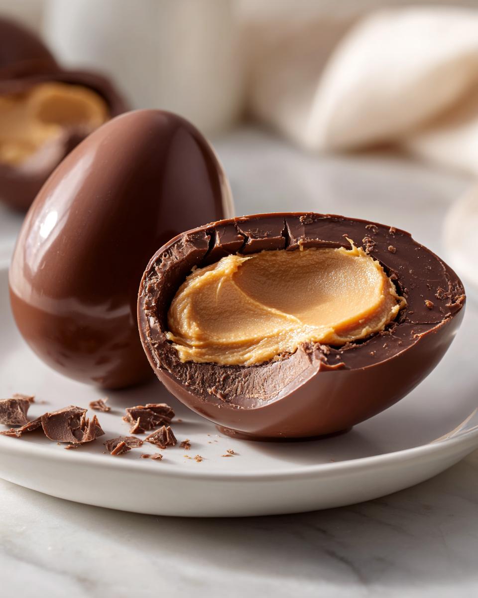 Close-up of chocolate filled Easter eggs with creamy peanut butter inside on a white plate.