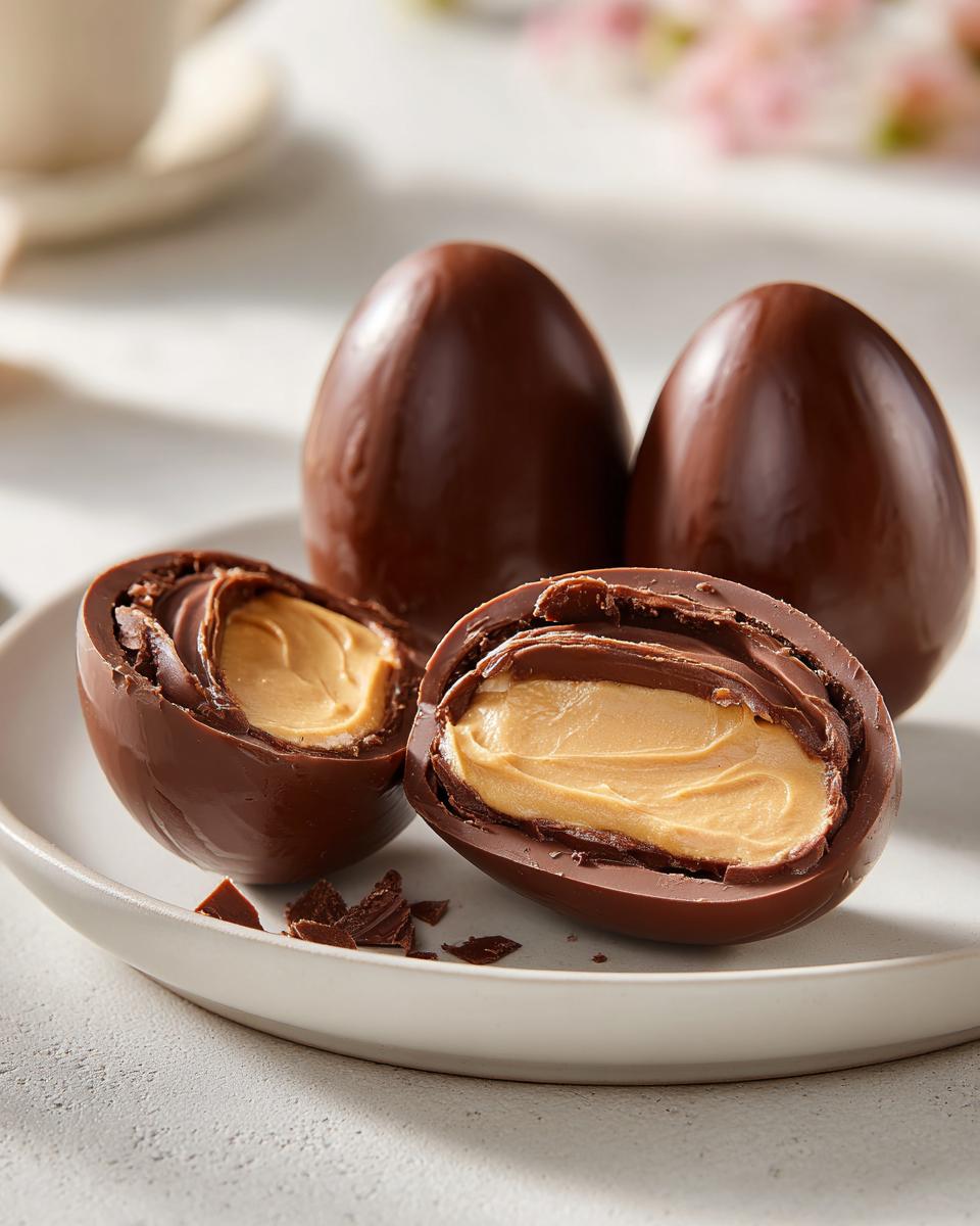 Chocolate filled Easter eggs with creamy peanut butter center on a white plate.