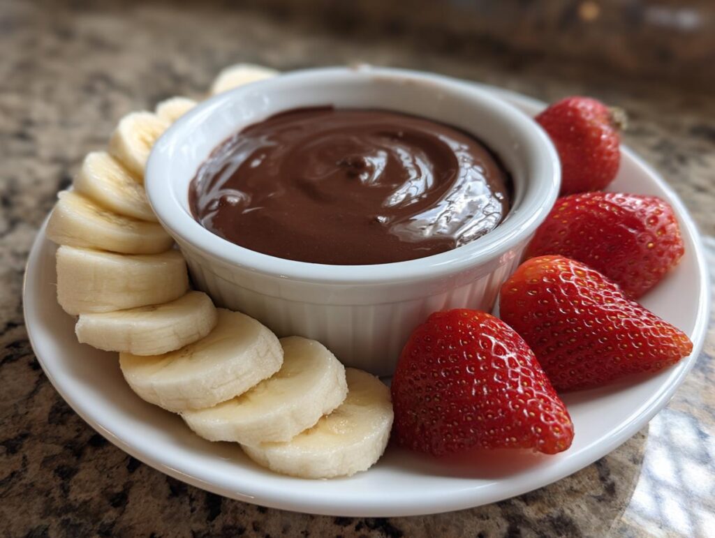 White ramekin filled with creamy chocolate fruit dip surrounded by sliced bananas and strawberries on a white plate.