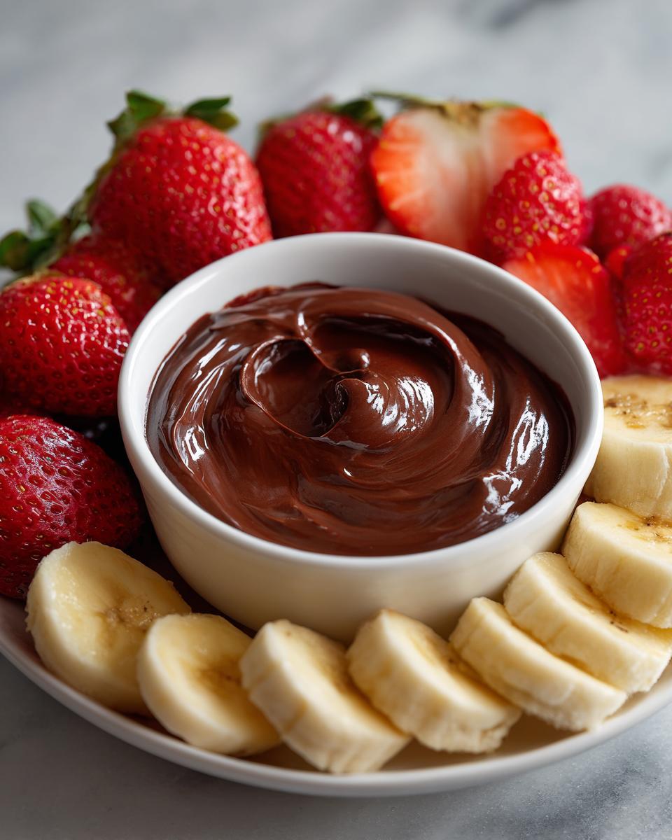 Bowl of smooth chocolate fruit dip surrounded by fresh strawberries and banana slices.